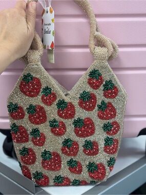 Beaded Strawberry Handbag - Red & Green on Champagne